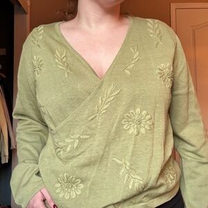 Coldwater Creek Green V-Neck Sweater with Floral Embroidery
